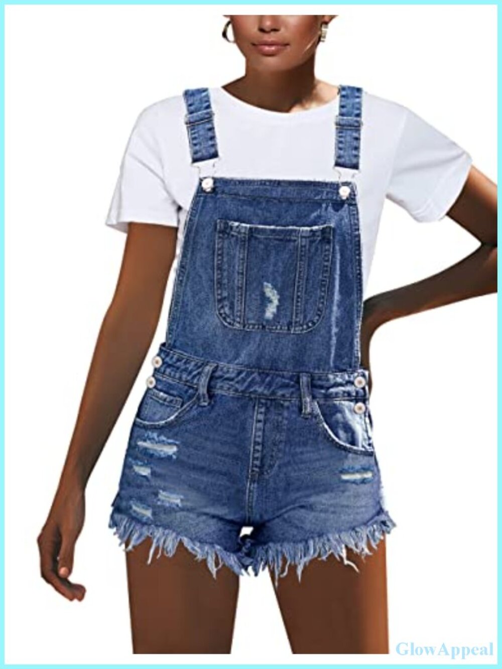 Ripped Denim Short Overalls Adjustable Straps Pocket Bib